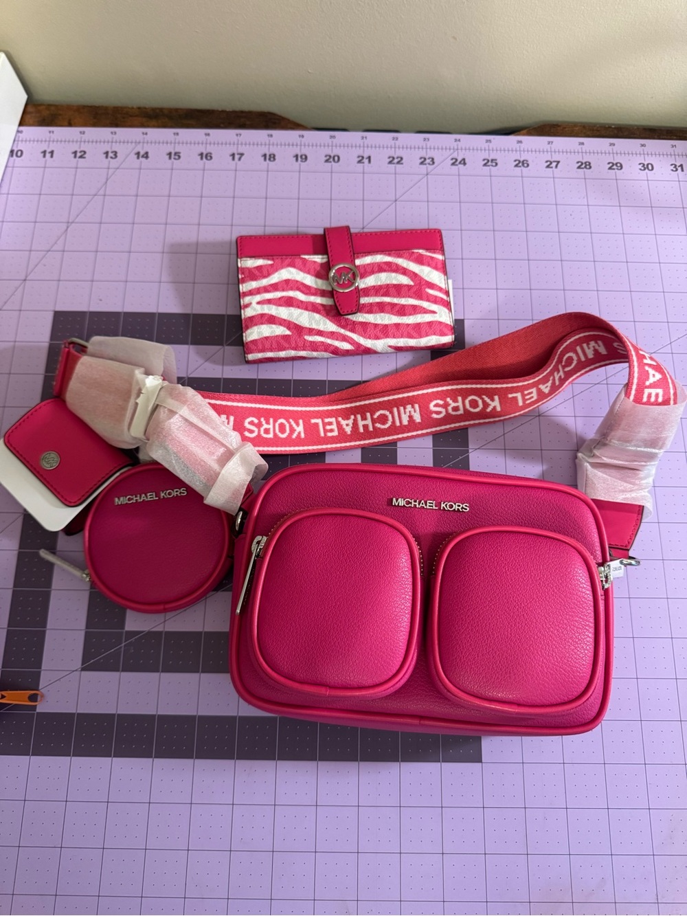 NWT Michael Kors Hot Pink Crossbody Bag with Removable Strap and Pouch Set